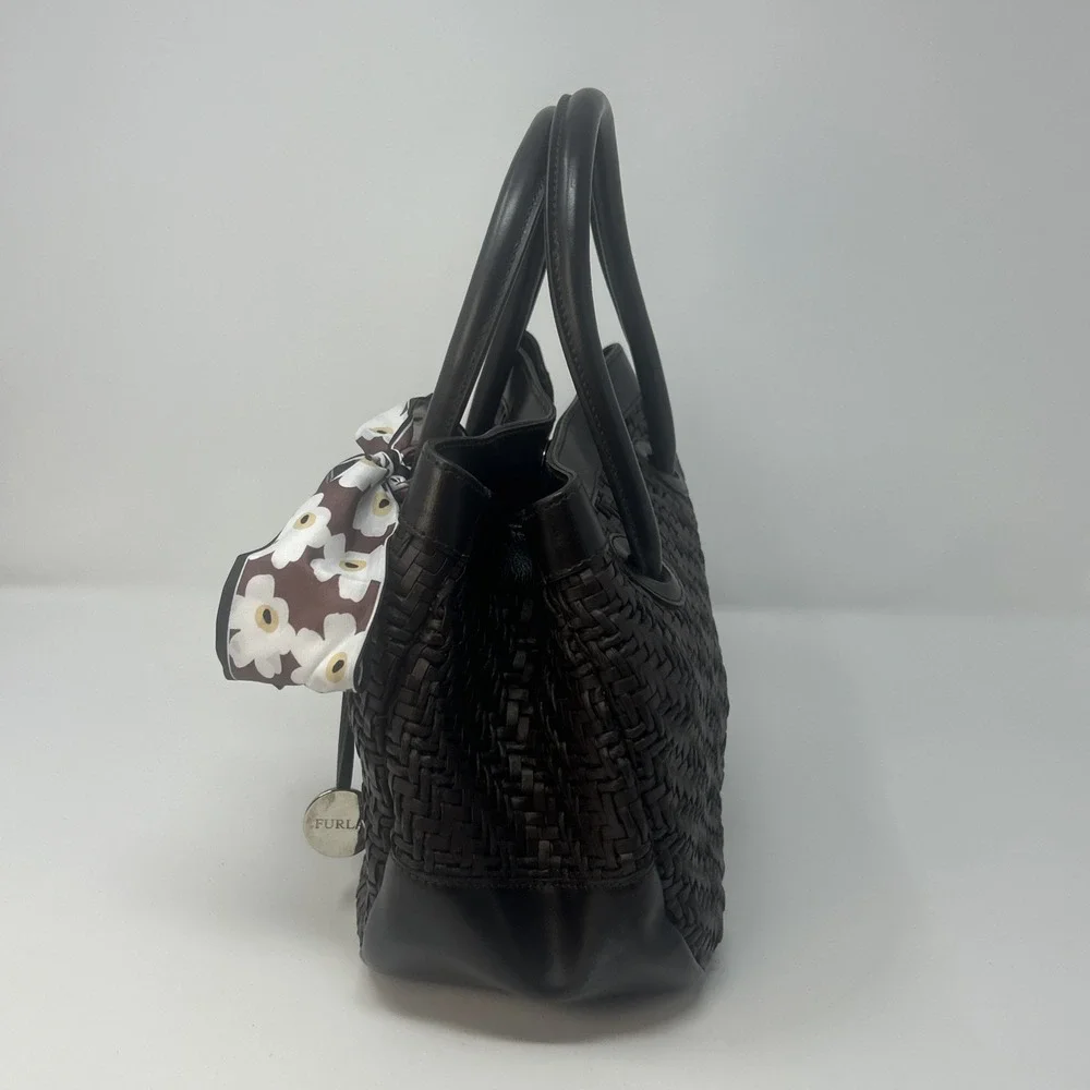 FURLA Italy Dark Brown Leather Woven Handbag Purse Satchel